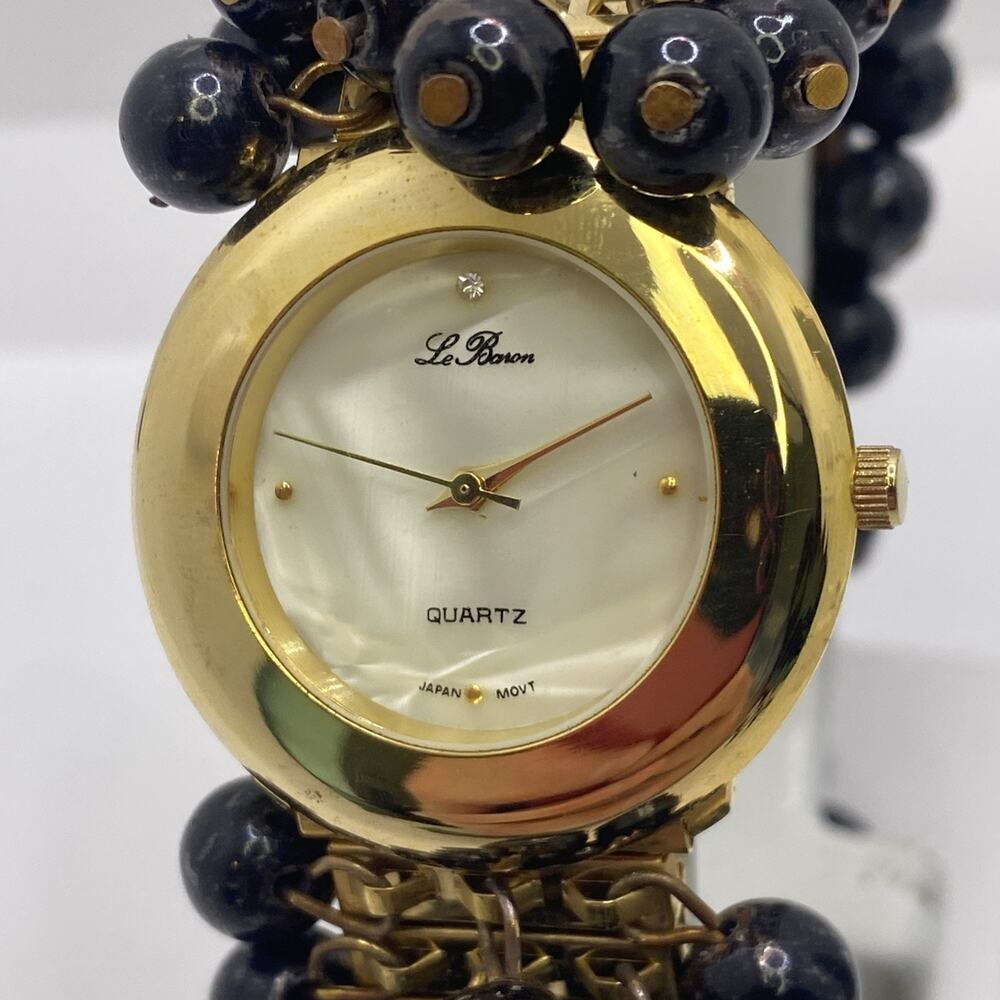 Le Baron Womens Gold Tone Mop Dial Beaded Stretch Watch Works New Battery